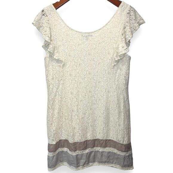 Vintage American Eagle Lace Shift Dress Size Large Flutter Sleeves Cream - Picture 2 of 7